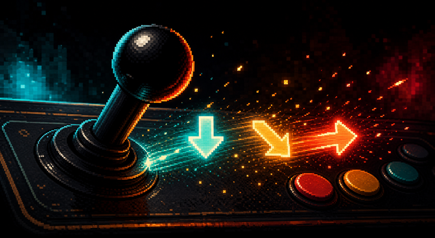 Joystick arcade inclinado hacia adelante con una estela de comando de fighting game