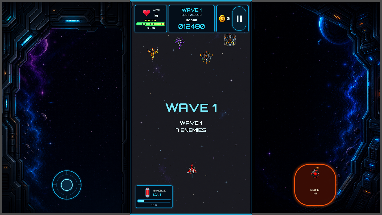 Gameplay landscape de Cosmic Rampage 1.0.4 con HUD rediseñado, enemigos y campo de batalla ampliado