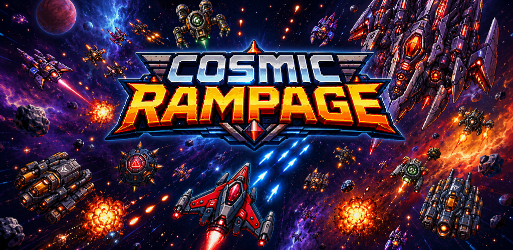 Arte promocional de Cosmic Rampage con nave espacial y explosiones arcade